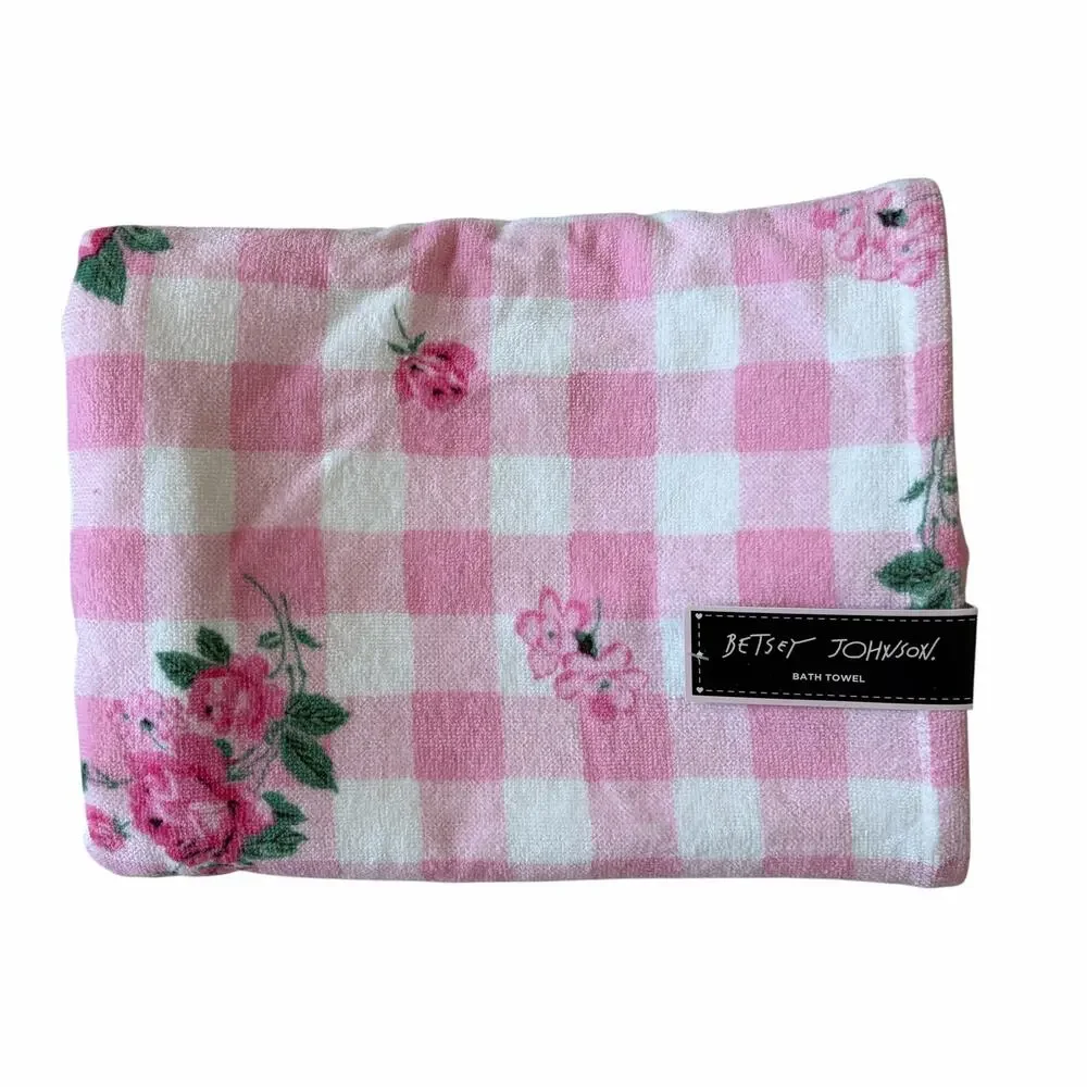 Betsey Johnson Pink Gingham Floral Towels 3pc Set 2 Bath 1 Hand 100% Cotton NEW
